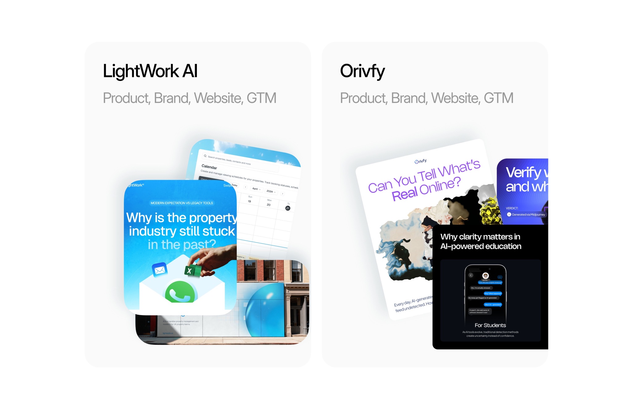 Editorial web and brand explorations for LightWork AI and Orivfy
