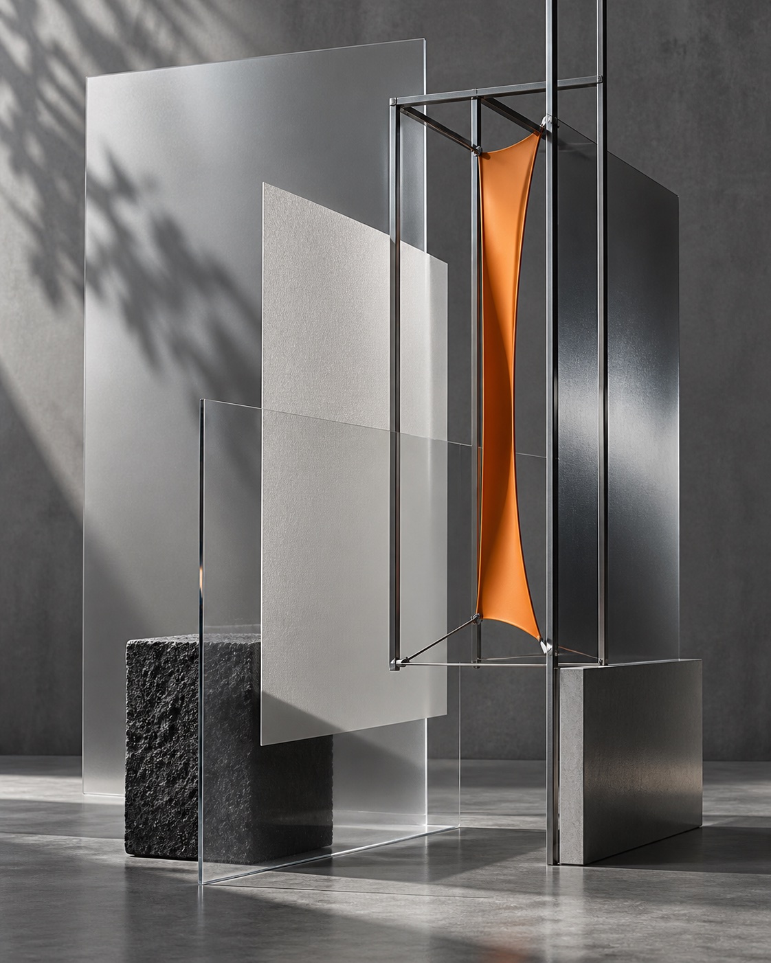 Layered translucent planes and an orange tension surface in a modular installation