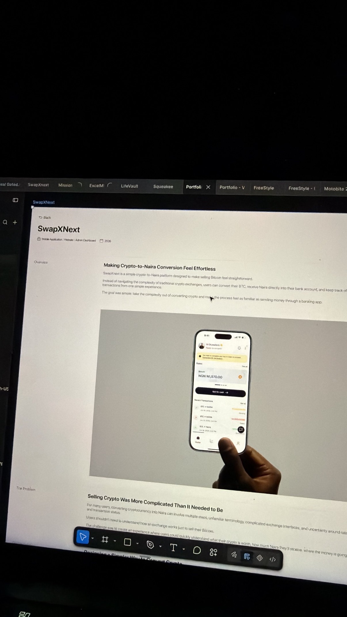SwapXNext mobile product case study displayed in a design workspace